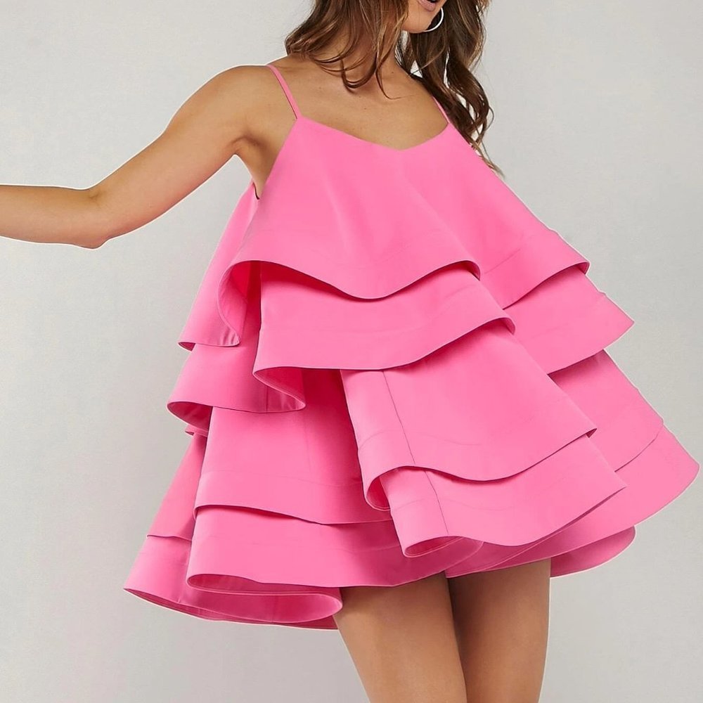 Womens Layer Hem mini dress Hot Pink event date night bridal baby shower Party - Picture 4 of 5